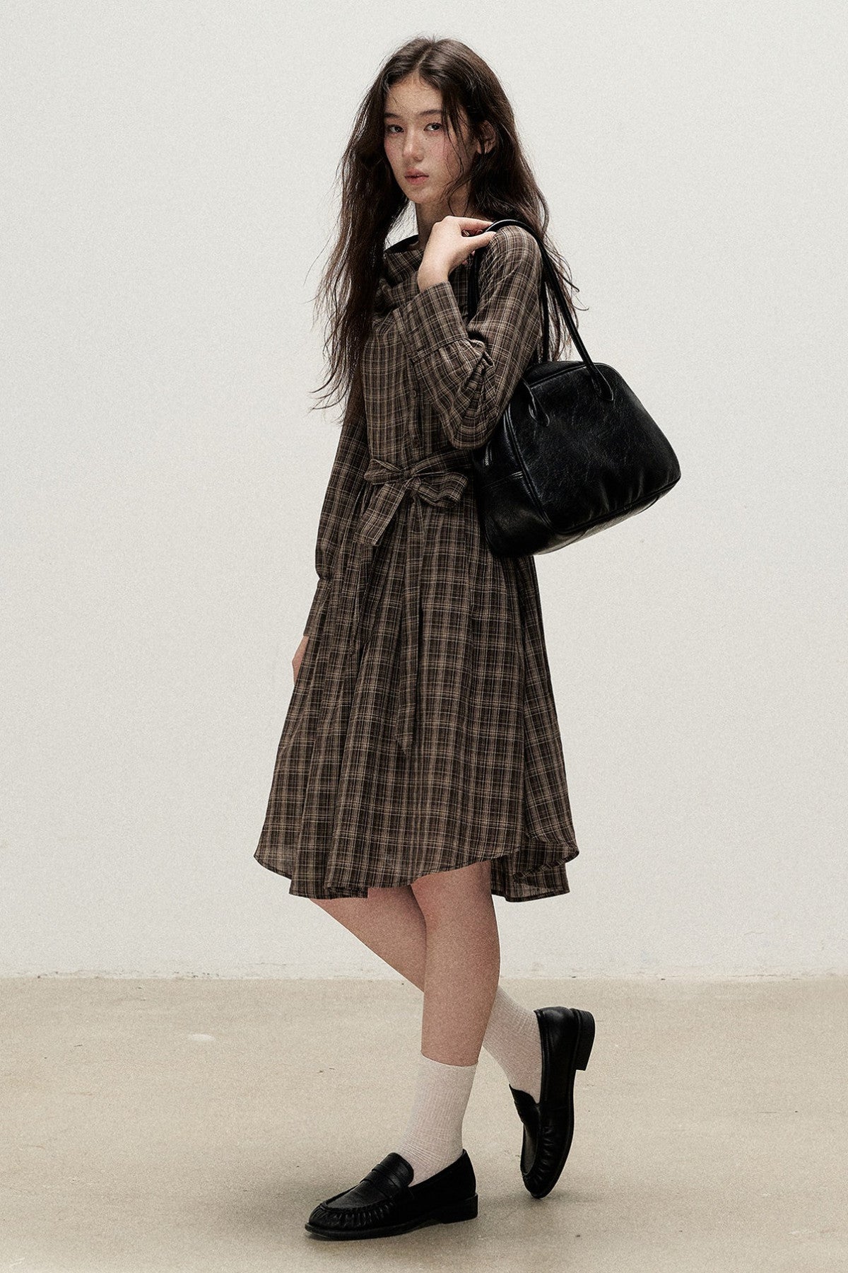 Plaid Diagonal Placket Ribbon Dress
