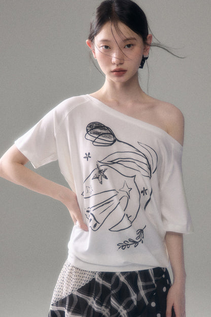 Bird And Tulip Print One-Shoulder Tencel T-Shirt