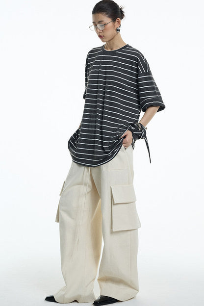 Oversize Gray White Striped Mid-Sleeve Tee