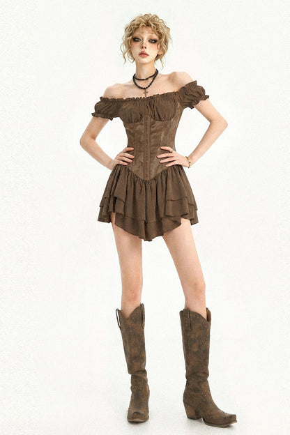 Gotisches schulterfreies Korsett-Minikleid mit Stufen