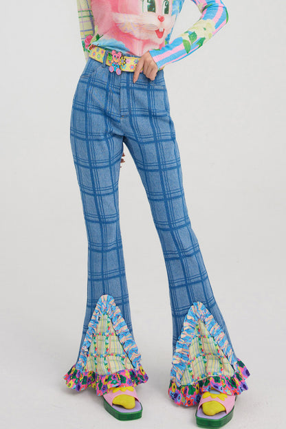 High-Waisted Plaid Patchwork Bell-Bottom Jeans