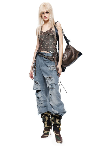 Handmade Distressed Patchwork Lining Denim Jeans