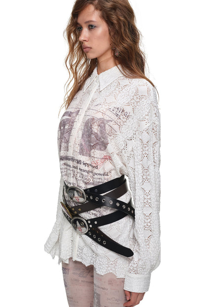 Cat Wanted Print Hollow Lace Shirt