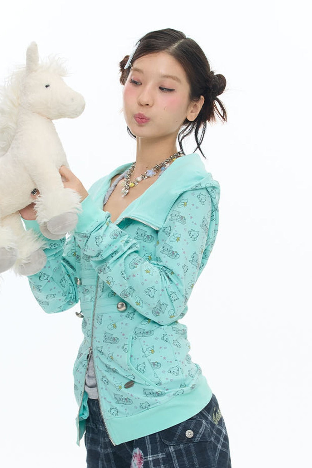 Mint Green Frog Double-Breasted Zipper Jacket