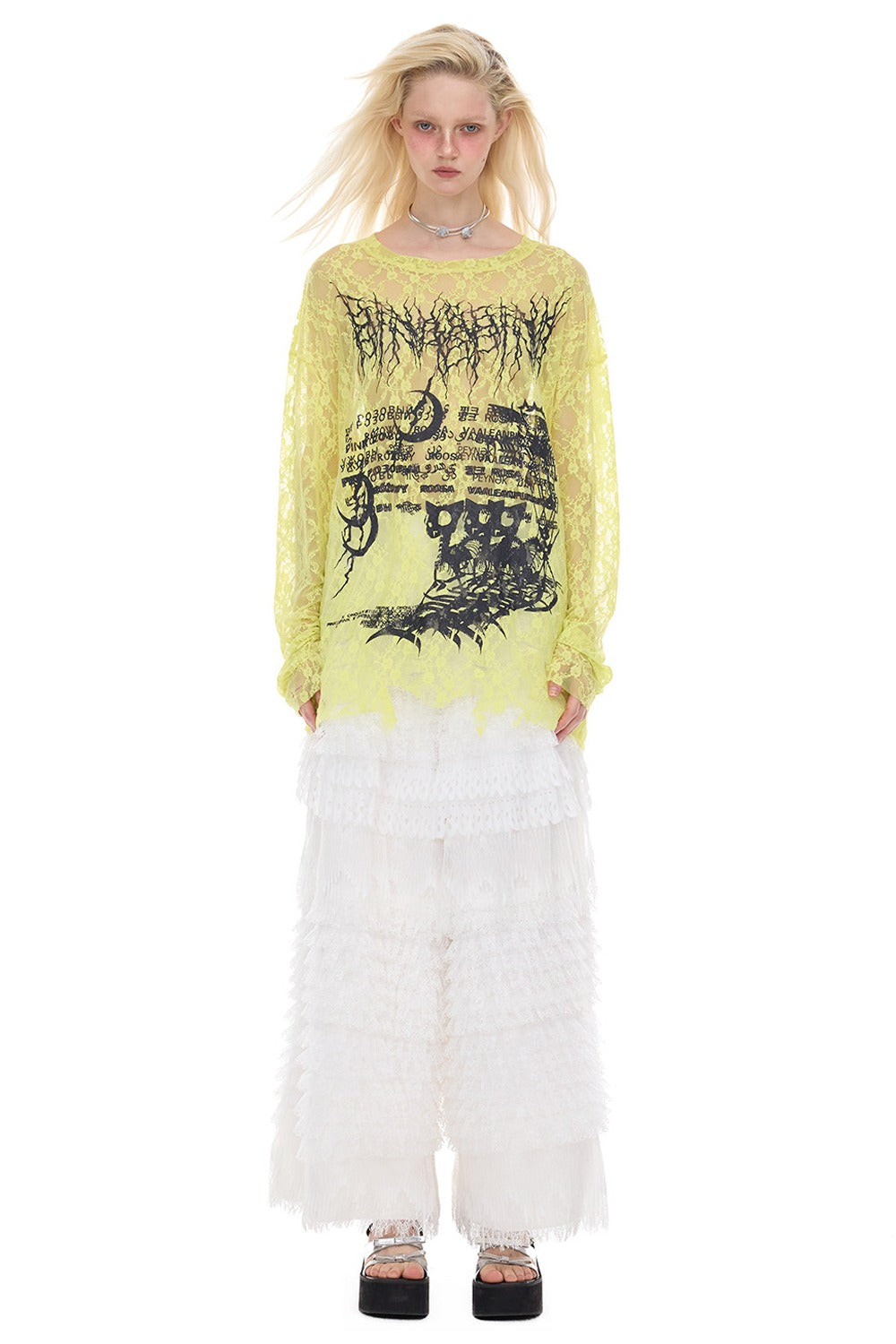 Loose Ripped Lace Cat Print Tee