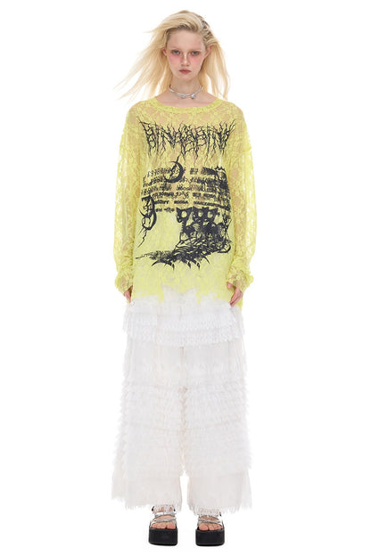 Loose Ripped Lace Cat Print Tee