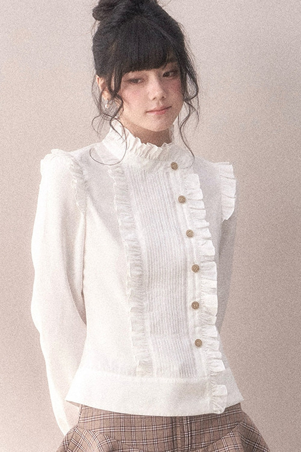Pleated Lace Ruffle Asymmetrical Long-Sleeved Shirt