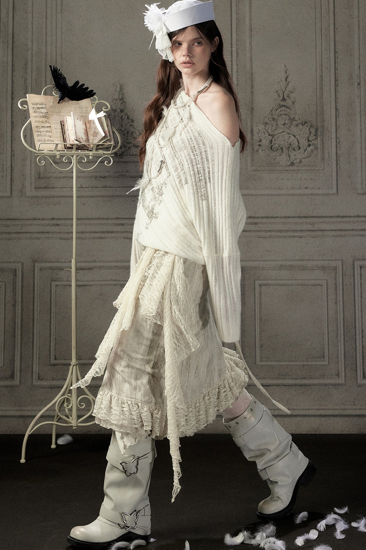 Beige Asymmetrical Lace Spliced Skirt
