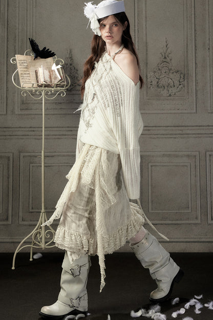 Beige Asymmetrical Lace Spliced Skirt
