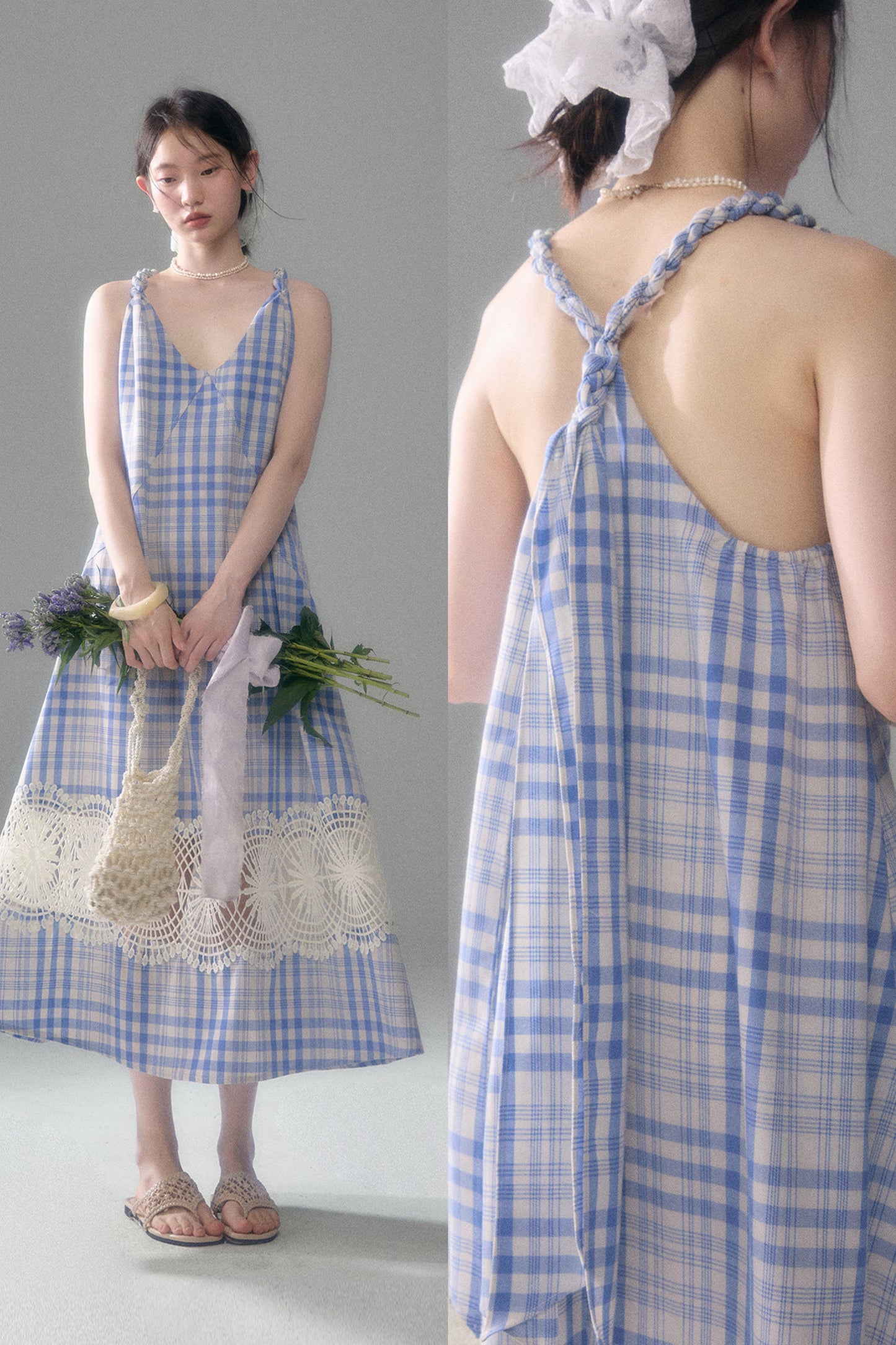 Blue White Plaid Lace Slip Dress