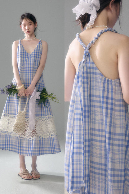 Blue White Plaid Lace Slip Dress