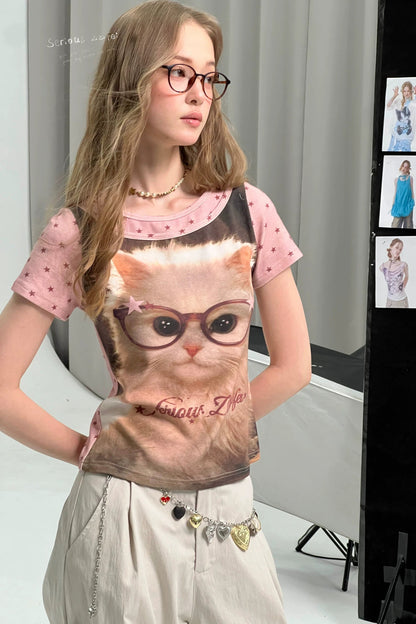 Retro Distressed Cat Print Top