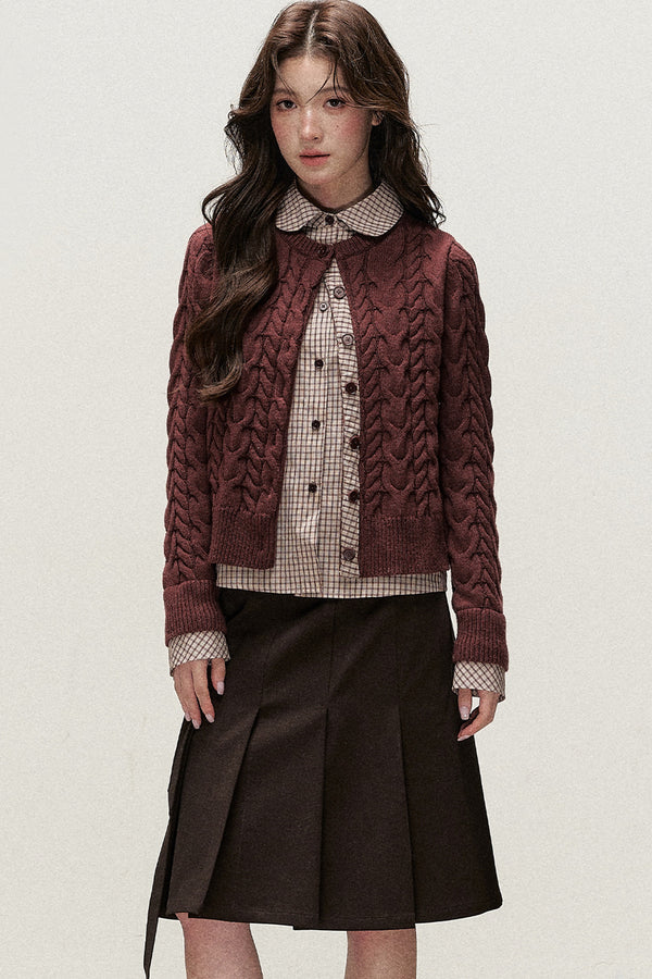 Plaid Layered-Look Knit Cardigan