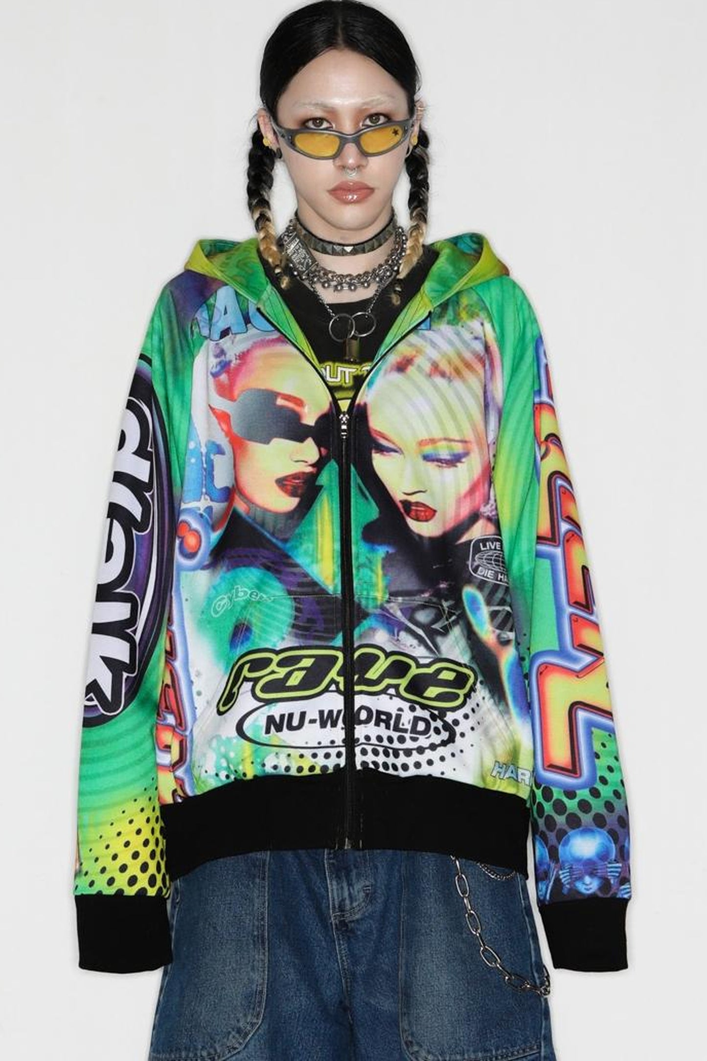 Y2K Alien Rave Print Hooded Jacket