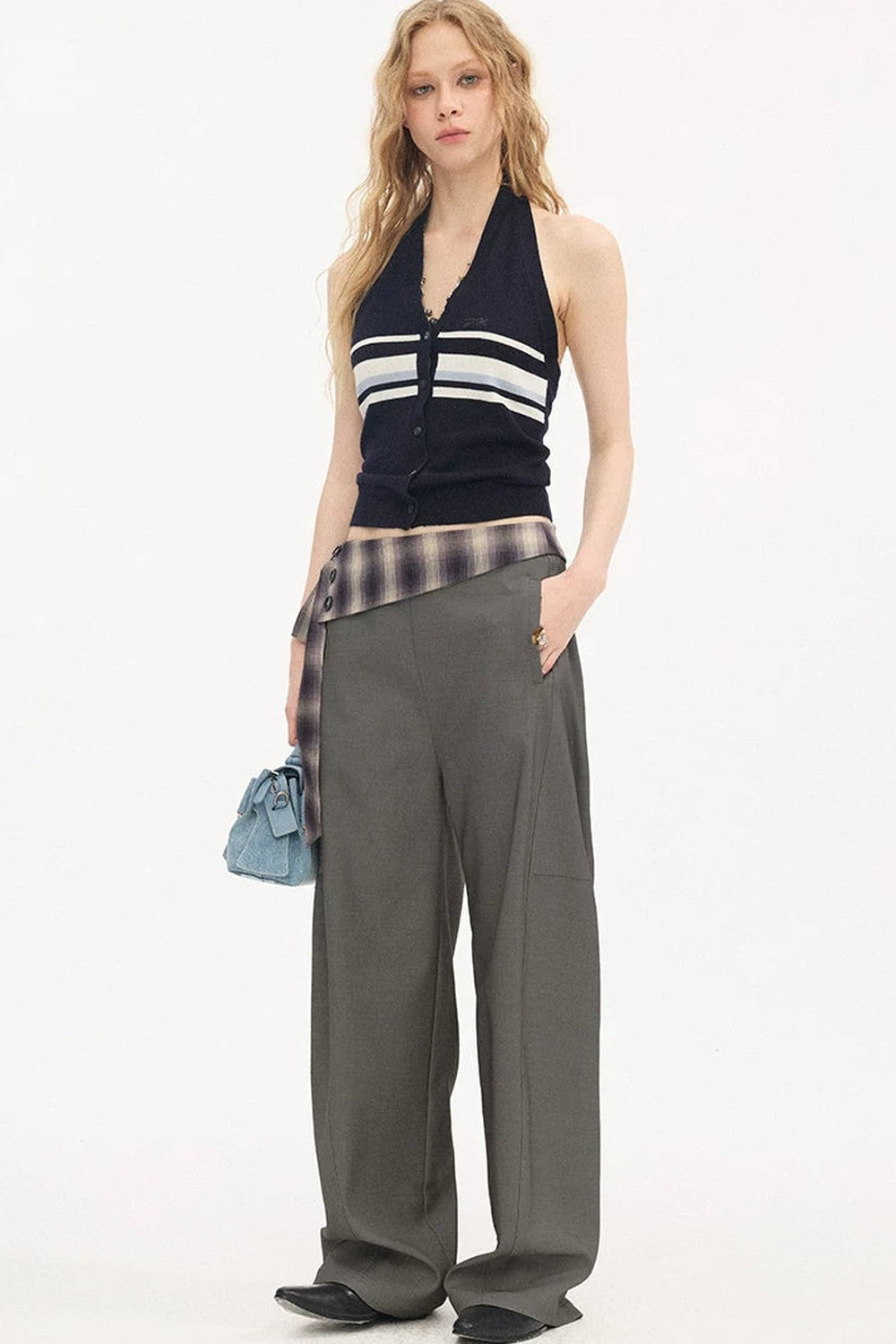 Plaid Drapey Waist-Tie Trousers