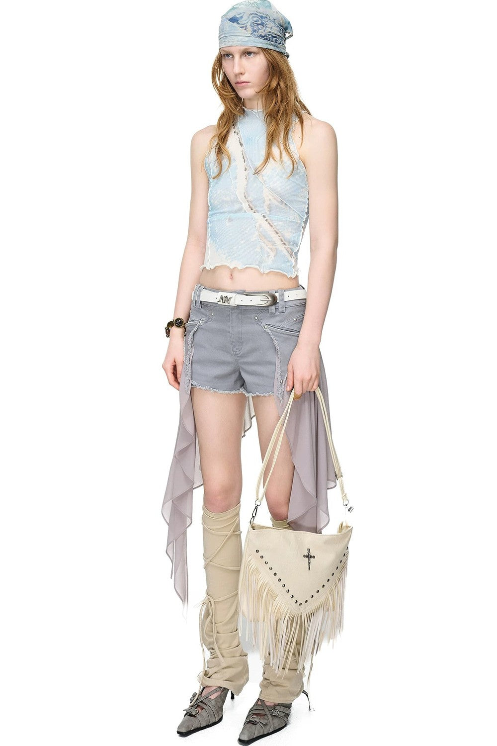 Mesh Printed Ruffled Tank Top