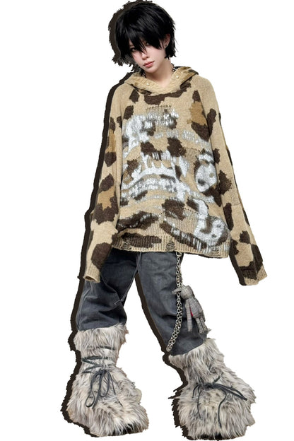 Loose Faux Fur Patchwork Drawstring Jeans