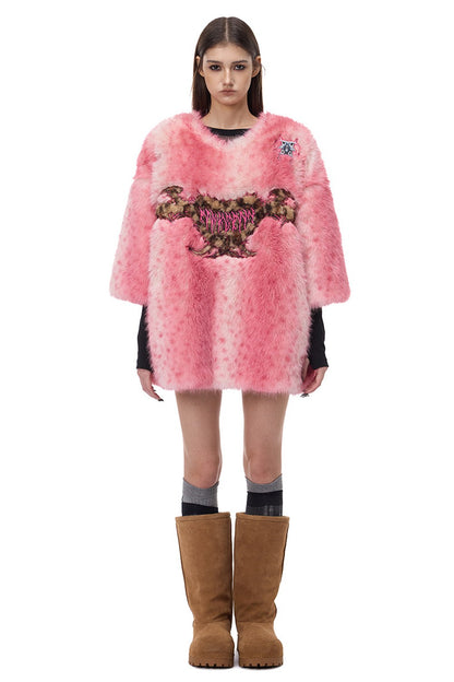 Pink Leopard Heart Embroidered Faux Fur Jacket