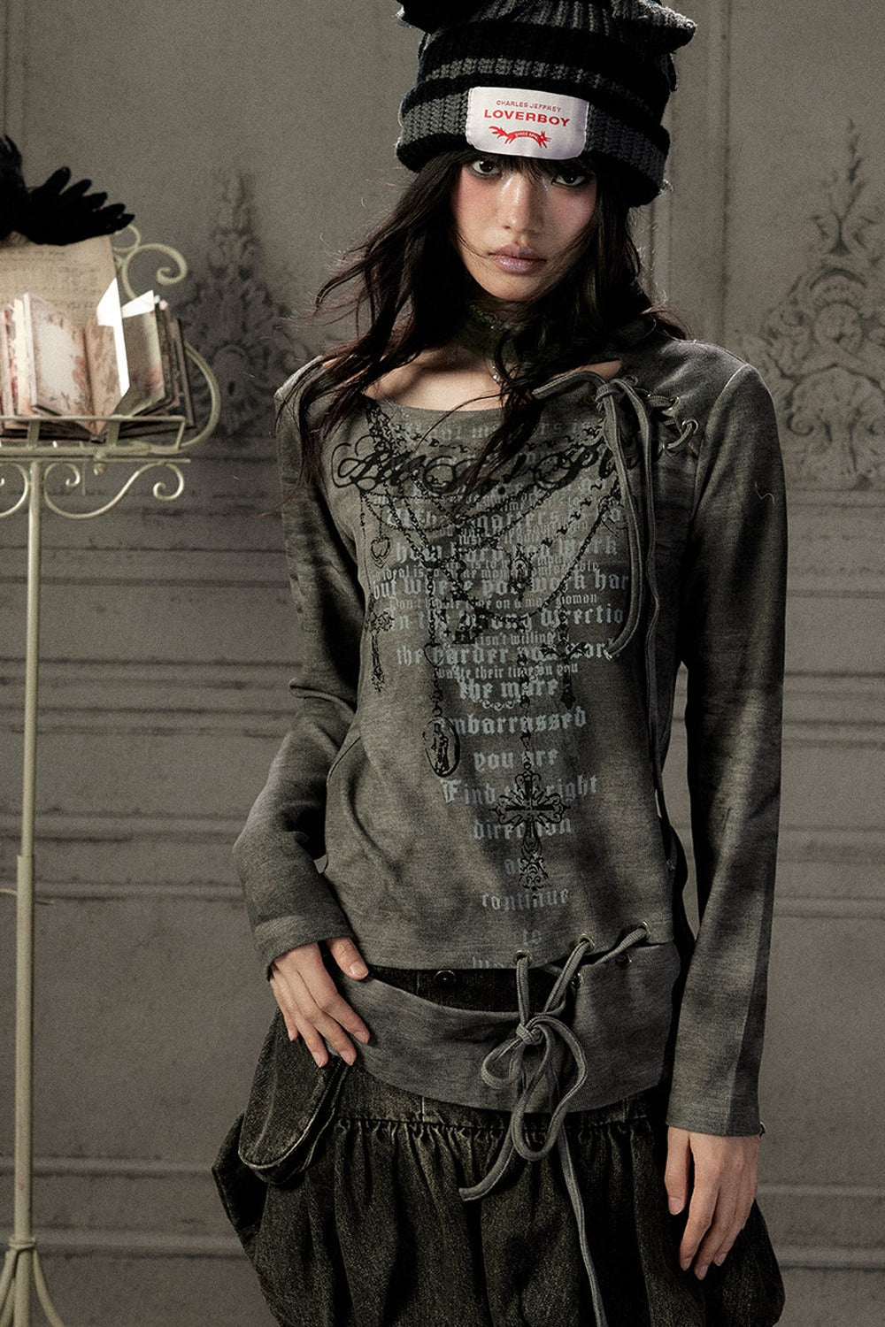 Letter Print Layered-Look Off-Shoulder Long-Sleeve T-shirt