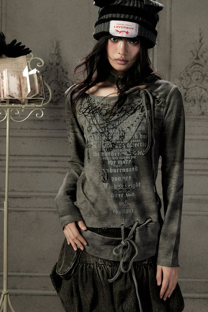 Letter Print Layered-Look Off-Shoulder Long-Sleeve T-shirt