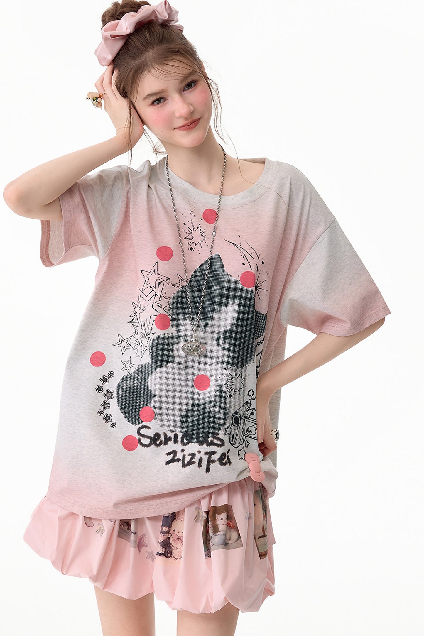 T-Shirt mit rosa Farbverlauf und Katzenprint