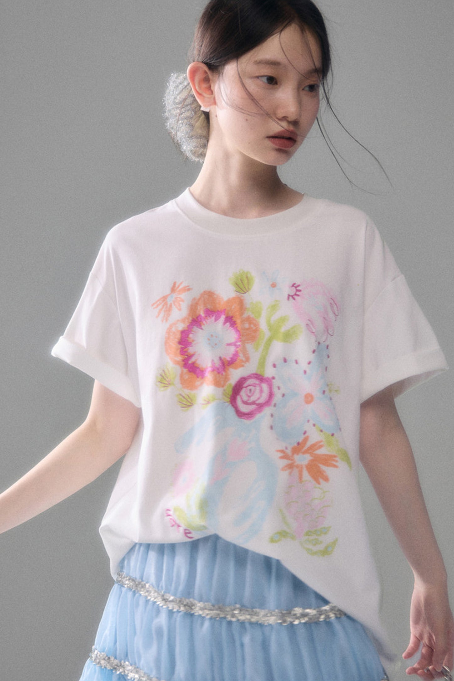 Hand-Painted Floral Bird Embroidered T-Shirt
