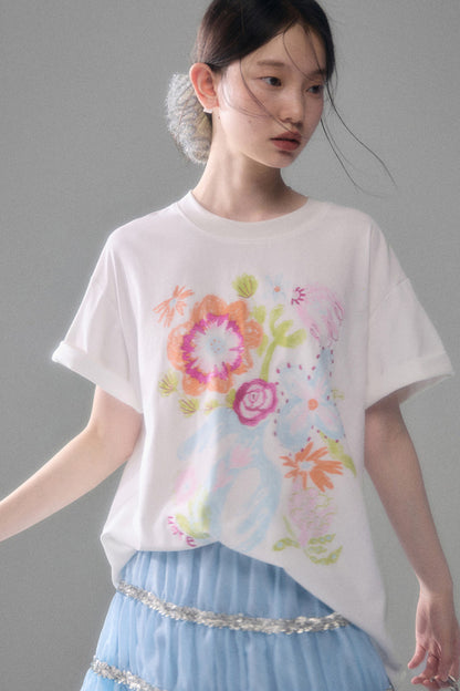 Hand-Painted Floral Bird Embroidered T-Shirt