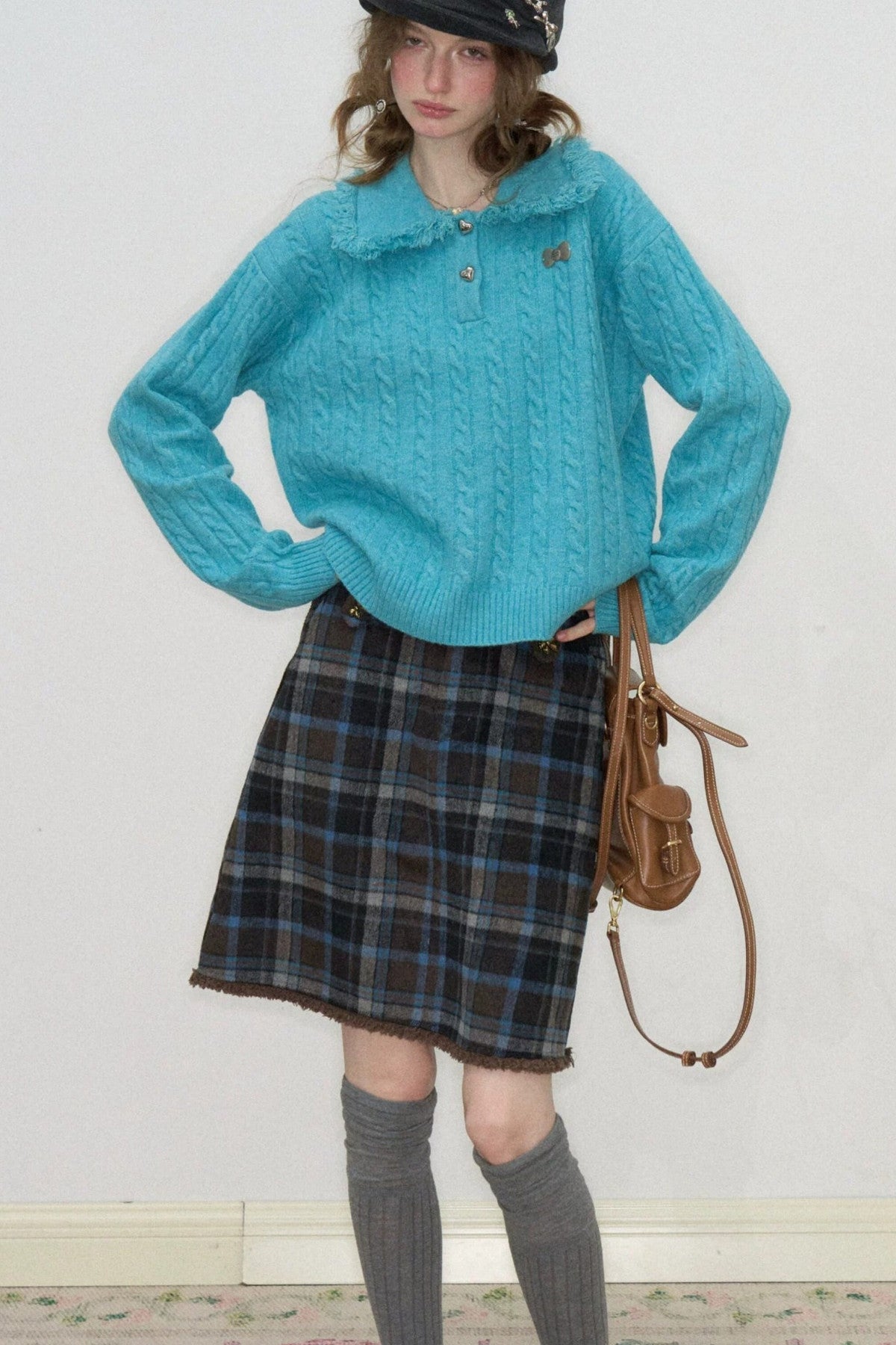 Blue Green Velvet Floral Twist Texture Tassel Sweater