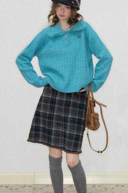Blue Green Velvet Floral Twist Texture Tassel Sweater