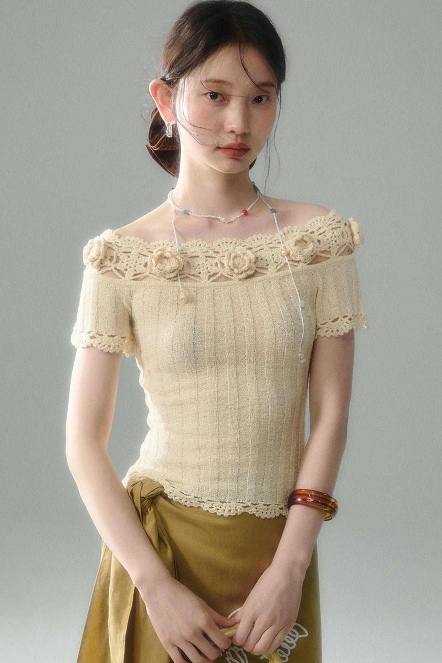 Handmade Crochet Camellia Off-Shoulder Knit Top