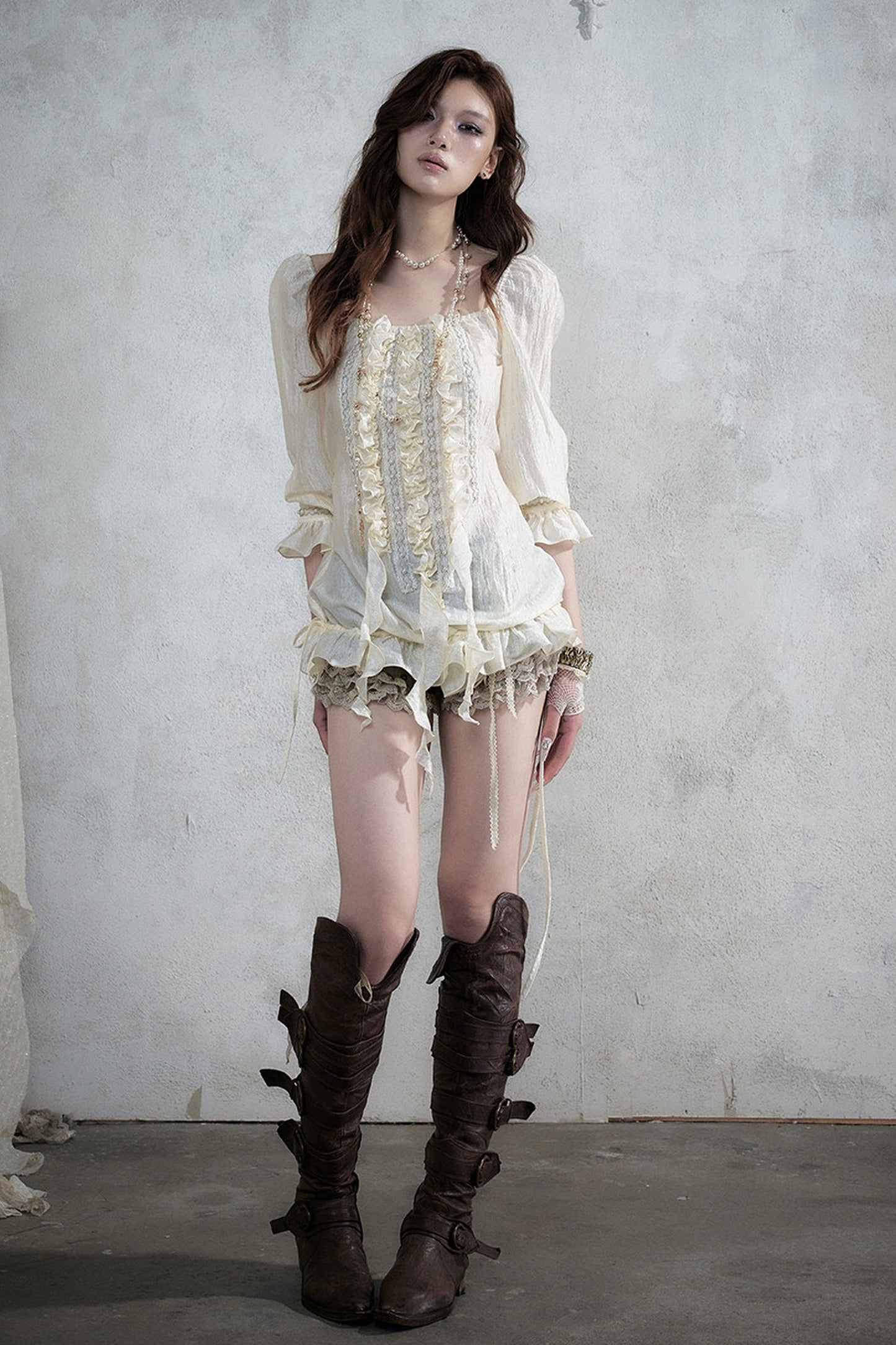 Ruffle Ribbon Puff Sleeve Blouse