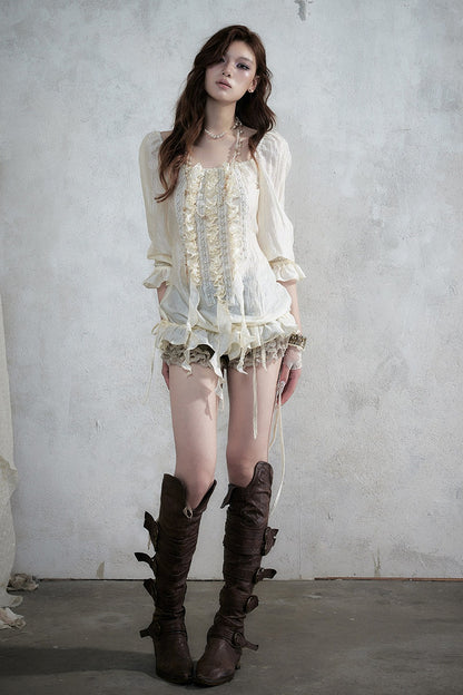 Ruffle Ribbon Puff Sleeve Blouse