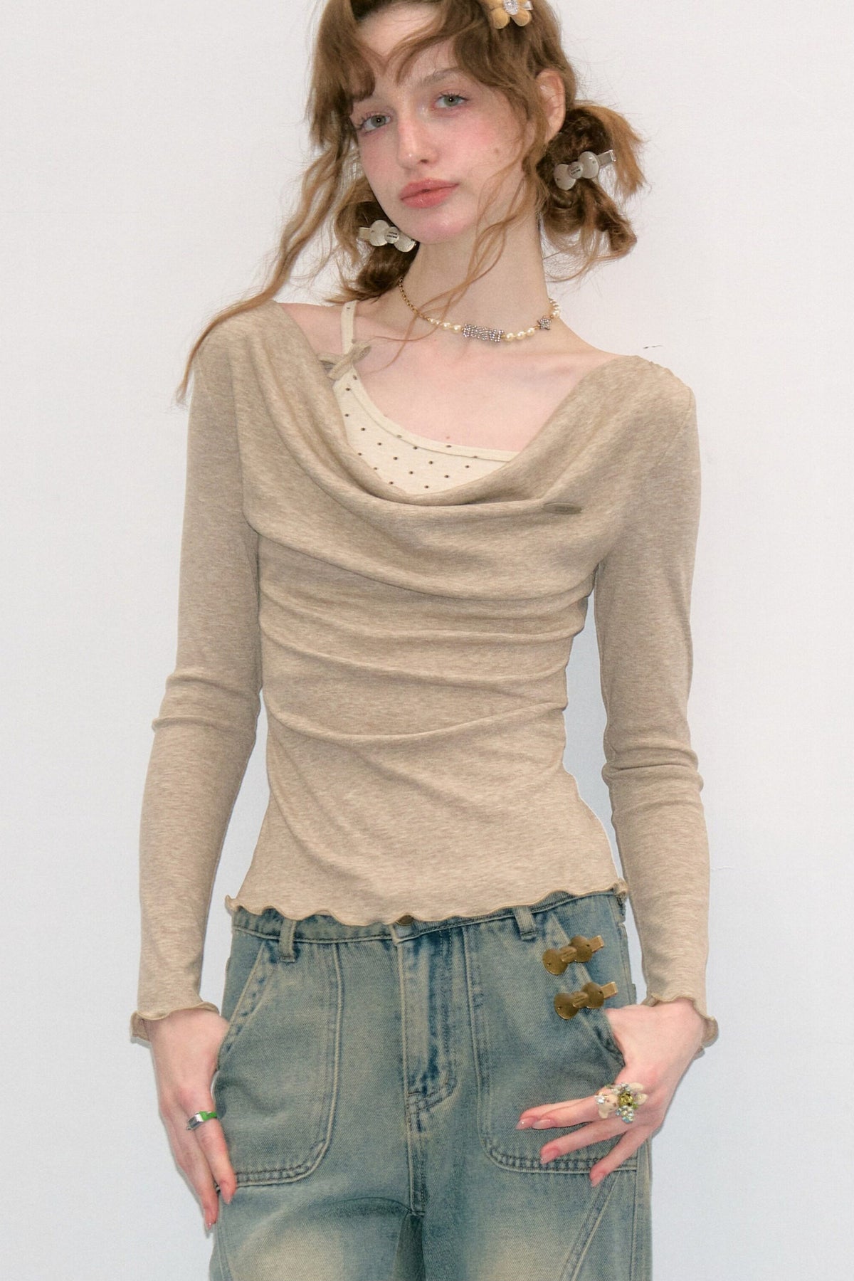Layered-Look Flutter Collar Knit Top