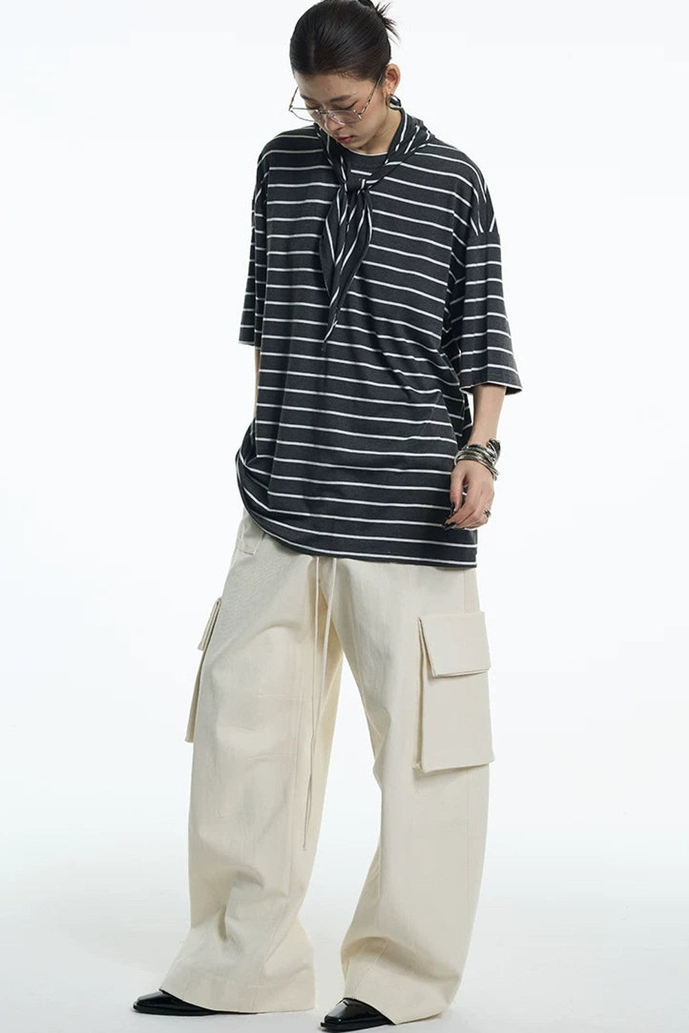 Oversize Gray White Striped Mid-Sleeve Tee