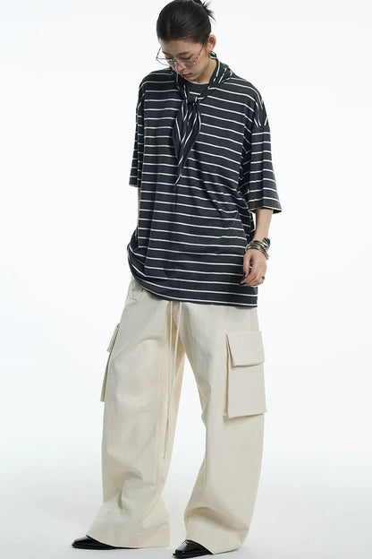 Oversize Gray White Striped Mid-Sleeve Tee