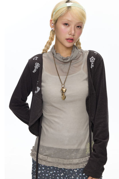 Sheer High Neck Ruffle Hem Top
