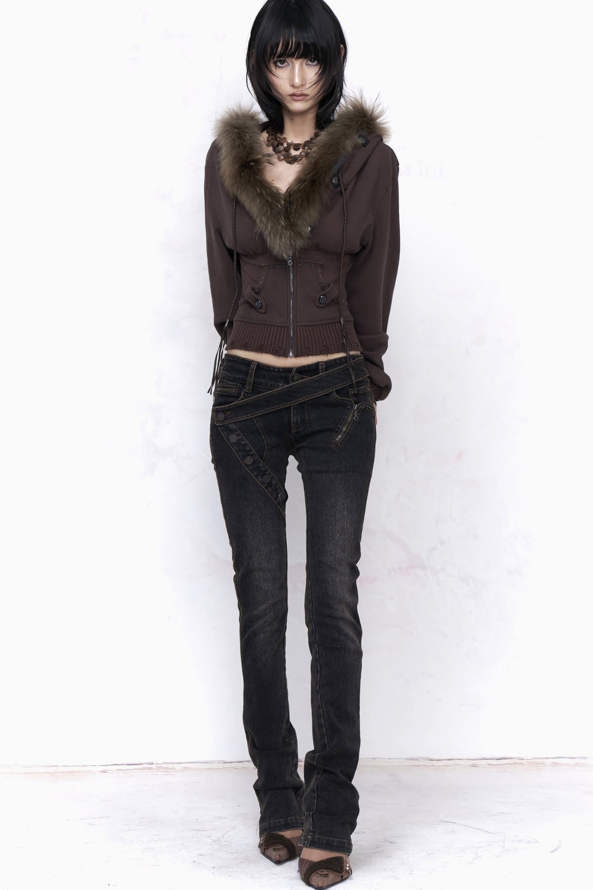 Detachable Fur Collar Studded Cotton Jacket