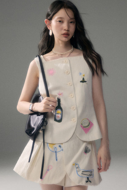 Ear Detail Tencel Cotton Embroidered Vest and Shorts Set-Up