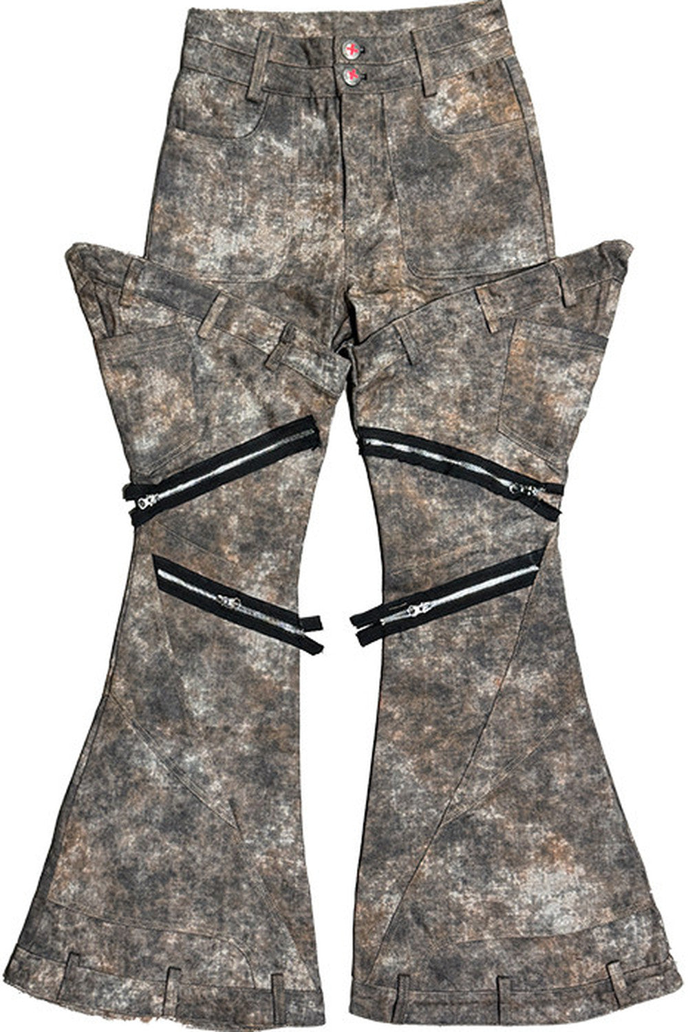 Rust Distressed Flared Zipper Jeans
