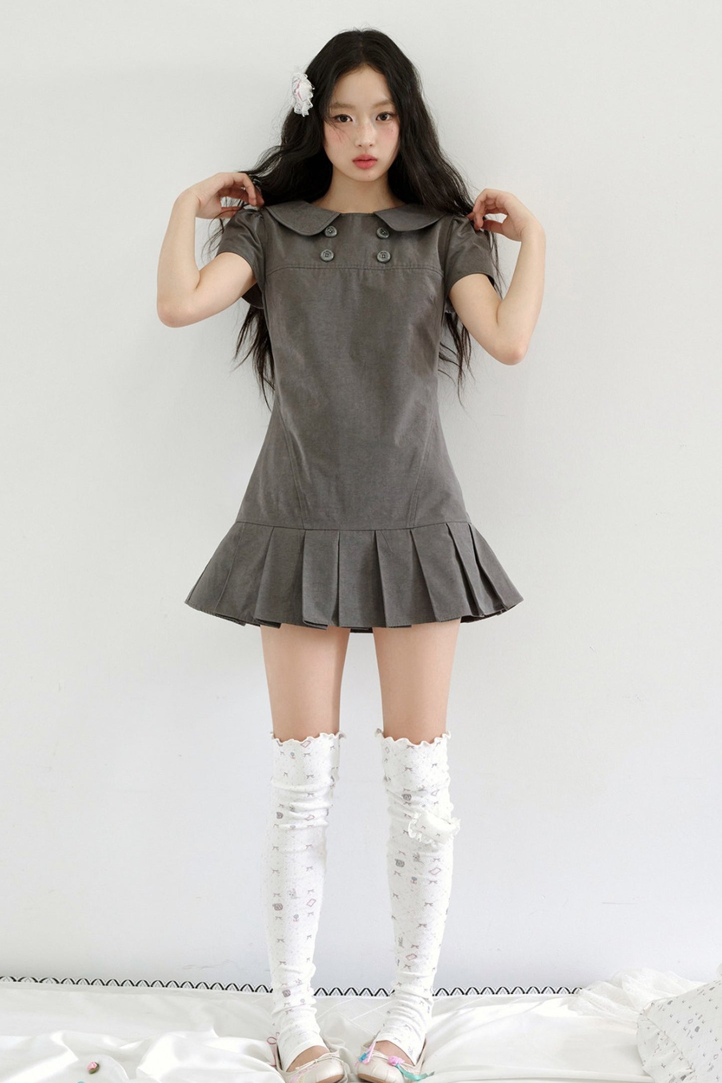 Gray Low-Waist Double-Breasted Patchwork Pleated Dress