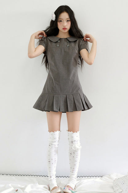 Gray Low-Waist Double-Breasted Patchwork Pleated Dress