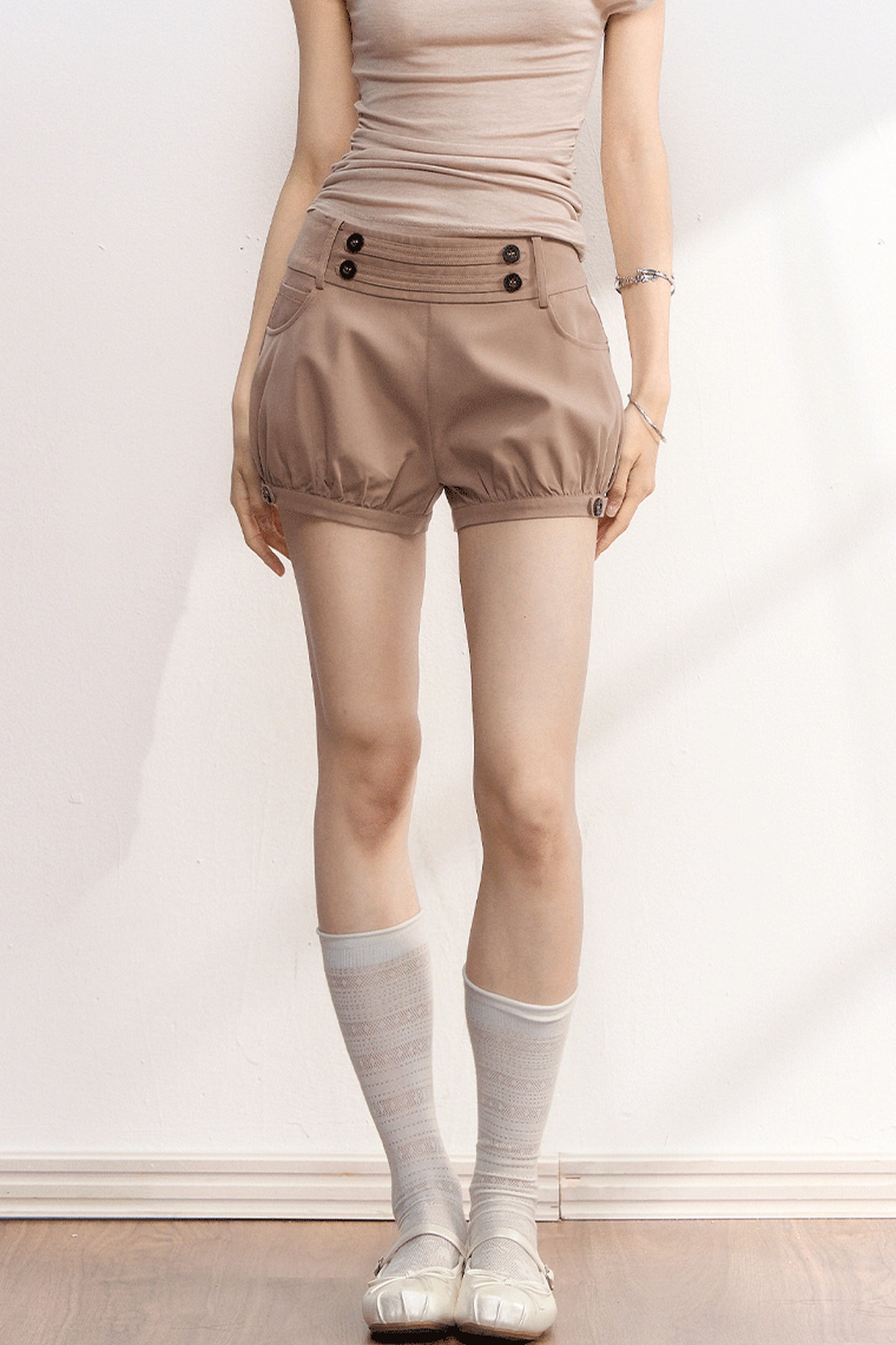 French Retro Buttoned Lantern Shorts