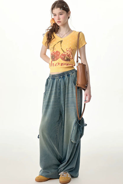 Retro-Jeanshose mit elastischem Bund und weitem Bein
