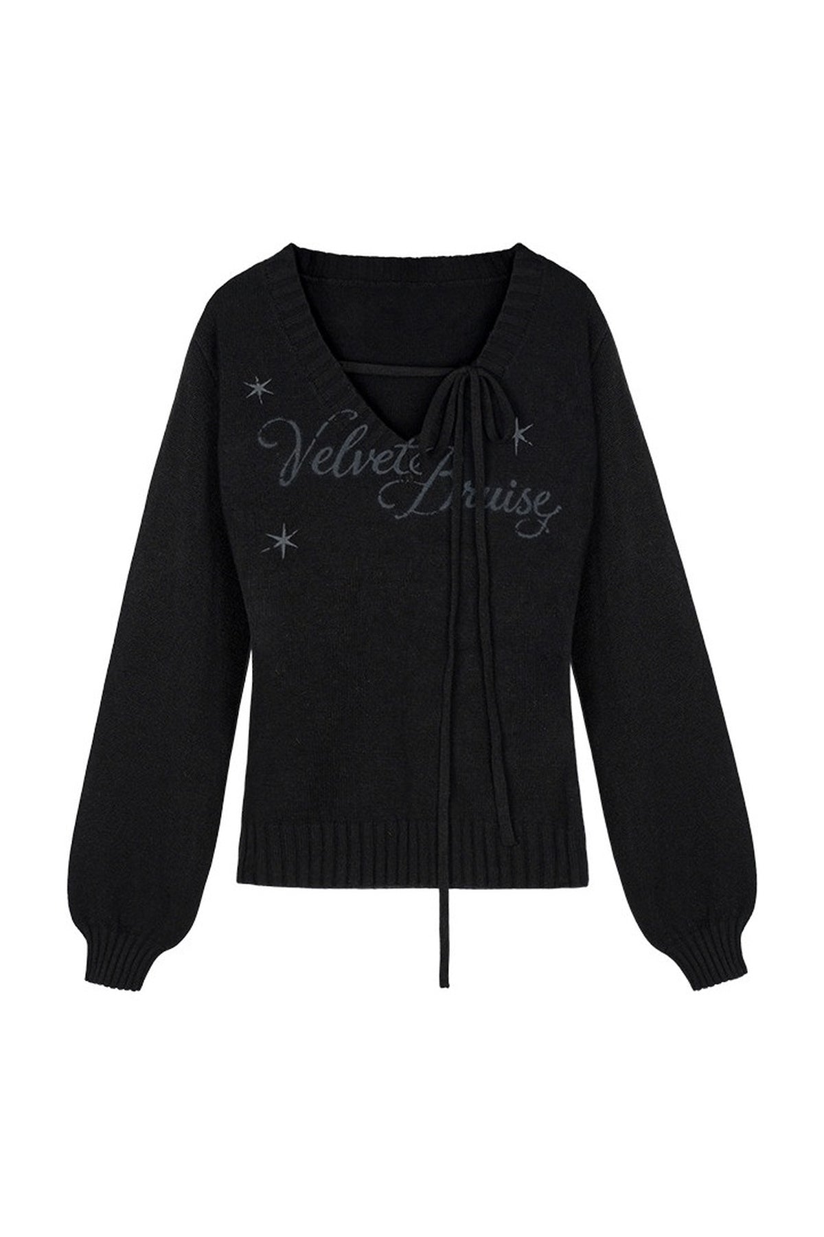 Schwarz-violetter Pullover mit V-Ausschnitt und Bindeband