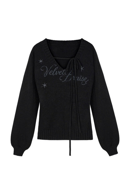 Schwarz-violetter Pullover mit V-Ausschnitt und Bindeband