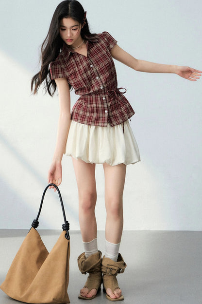 V-Neck Plaid Polka Dot Short Sleeve Shirt Set-Up
