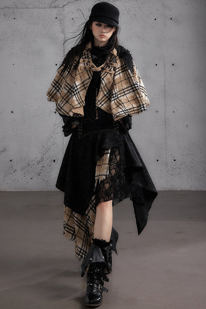 Reversible Wool Blend Plaid Cape