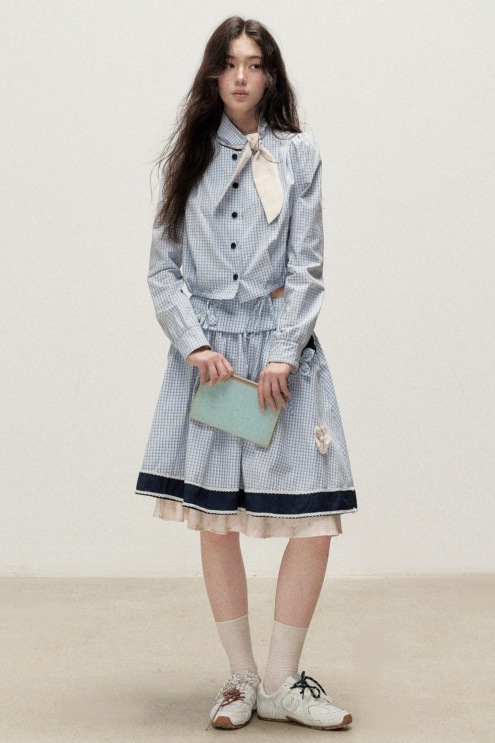 Plaid Contrast Ribbon Shirt and Skirt Set-Up