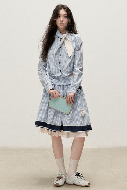 Plaid Contrast Ribbon Shirt and Skirt Set-Up