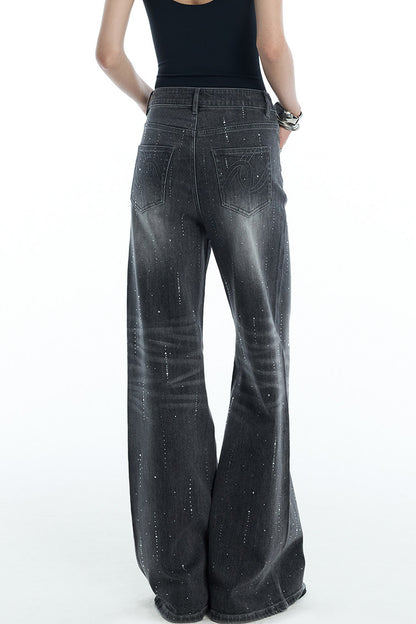 Scattered Rhinestone Wide-Leg Jeans